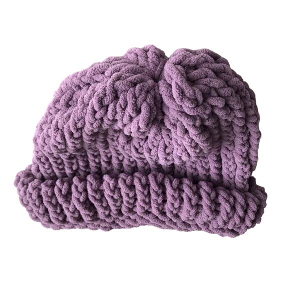 Handmade Knit Hat Stocking Cap Ribbed Beanie Purple Winter Ski Hat Scandi Girl - Picture 6 of 7